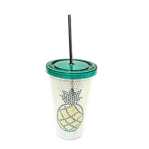 Pineapple Tumbler Reusable Stainless Steel Straw Rhinestones Bling Plastic Green
